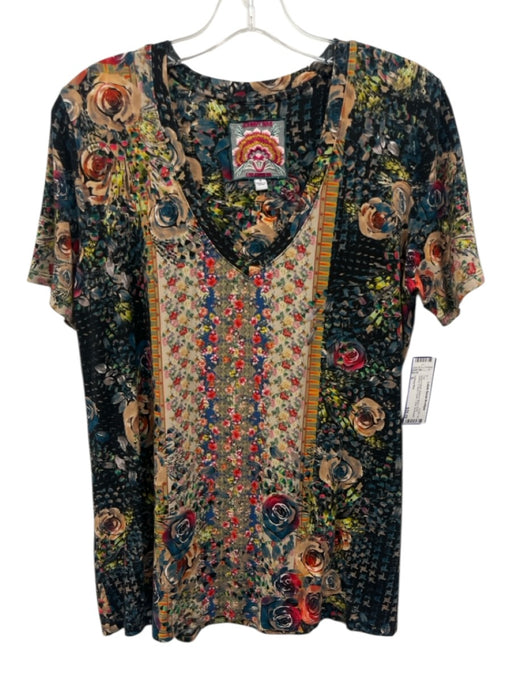 Johnny Was Size S Beige & Multi Bamboo Blend Short Sleeve V Neck Floral Top Beige & Multi / S