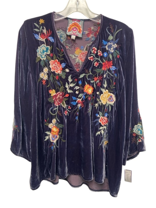 Johnny Was Size S Purple & Multi Rayon & Silk Velvet Floral Embroidery Top Purple & Multi / S