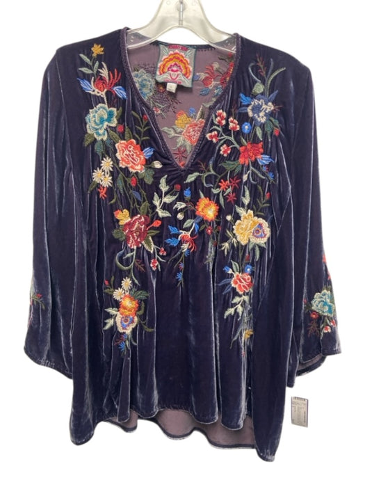 Johnny Was Size S Purple & Multi Rayon & Silk Velvet Floral Embroidery Top Purple & Multi / S
