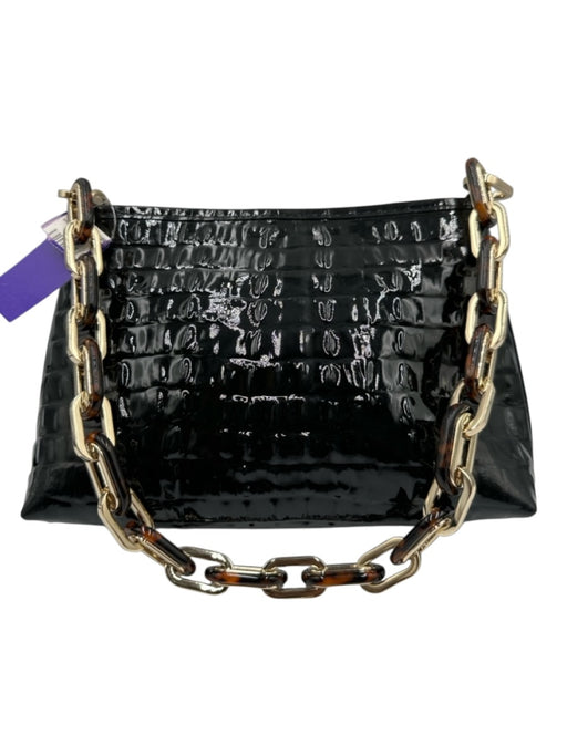 Brahmin Black Leather Patent Croc Embossed Zip Top Shoulder Bag Black