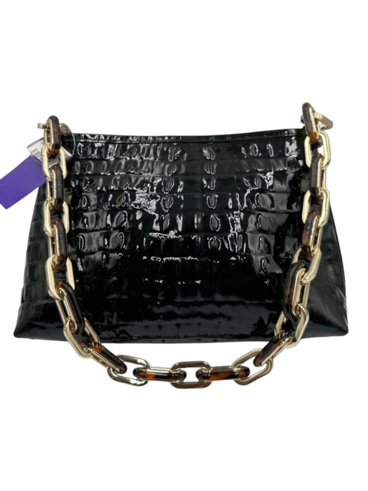Brahmin Black Leather Patent Croc Embossed Zip Top Shoulder Bag Black