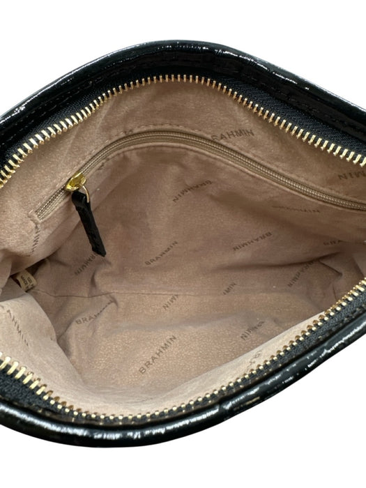 Brahmin Black Leather Patent Croc Embossed Zip Top Shoulder Bag Black