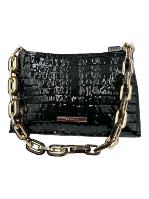 Brahmin Black Leather Patent Croc Embossed Zip Top Shoulder Bag Black