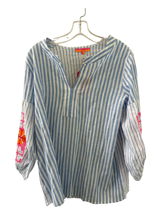 Vilagallo Size 46 Blue & Pink Linen Long Sleeve Striped Embroidered Top Blue & Pink / 46