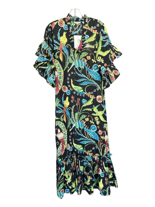 Fitzroy & Willa Size XS Black & Green Cotton Long Bell Sleeve Birds Maxi Dress Black & Green / XS