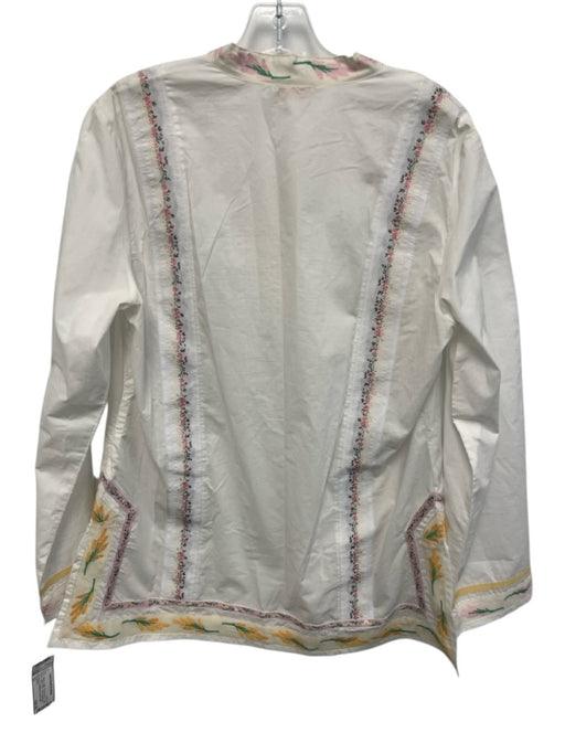 Tory Burch Size 12 White Cotton Embroidered Long Sleeve Split V neck Tunic Top White / 12
