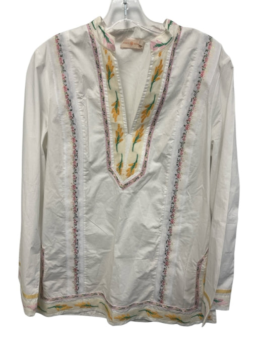 Tory Burch Size 12 White Cotton Embroidered Long Sleeve Split V neck Tunic Top White / 12