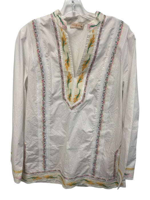 Tory Burch Size 12 White Cotton Embroidered Long Sleeve Split V neck Tunic Top White / 12