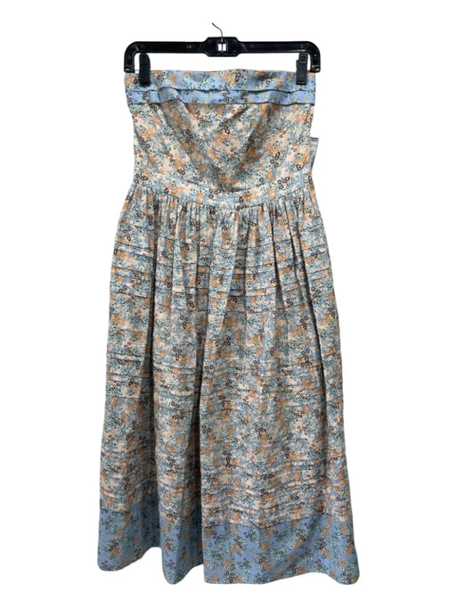 Hunter Bell Size 2 White Blue Orange Cotton Floral Strapless Back Zip Midi Dress White Blue Orange / 2