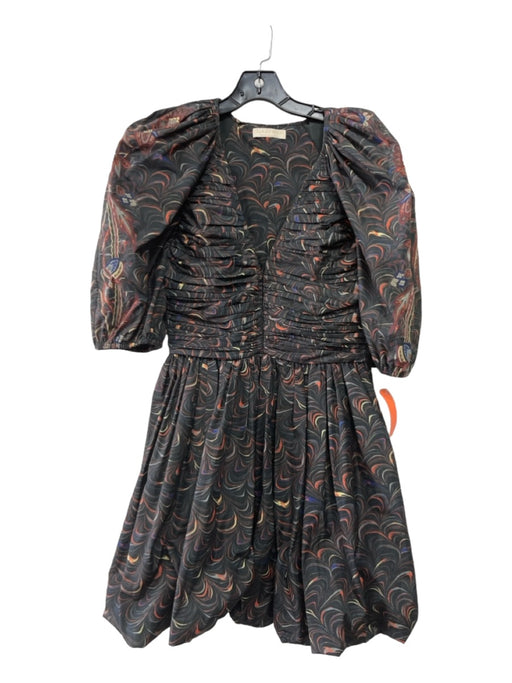 Ulla Johnson Size 2 Black & Multi Polyester Puff Shoulder V Neck Ruched Dress Black & Multi / 2