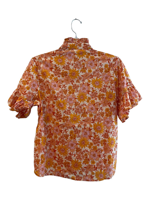 LaRoque Size XS Orange Cotton Short Sleeve Floral Ruffle Detail Button Down Top Orange / XS
