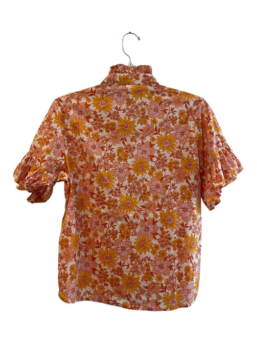 LaRoque Size XS Orange Cotton Short Sleeve Floral Ruffle Detail Button Down Top Orange / XS