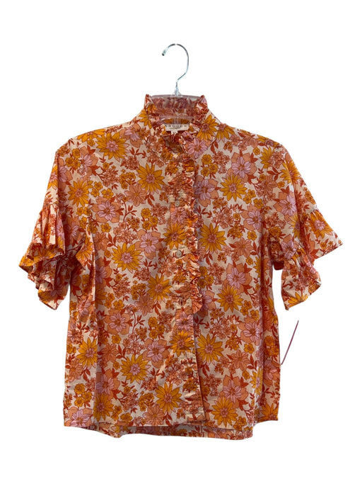 LaRoque Size XS Orange Cotton Short Sleeve Floral Ruffle Detail Button Down Top Orange / XS