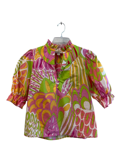 Flora Bea Size S Green & Multi Cotton 3/4 Sleeve Abstract Print high neck Top Green & Multi / S