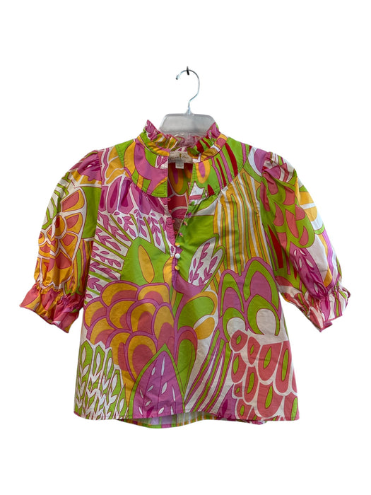 Flora Bea Size S Green & Multi Cotton 3/4 Sleeve Abstract Print high neck Top Green & Multi / S