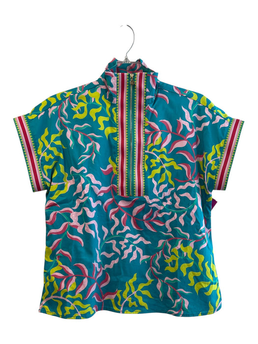Emily McCarthy Size XS Blue & Multi Cotton Blend Short Sleeve Leaf Print Top Blue & Multi / XS
