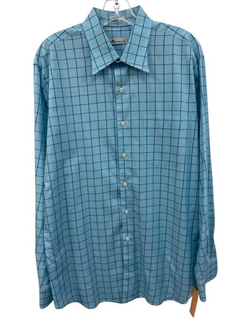 Peter Millar Size L Light Blue & Navy Cotton Plaid Grid Men's Long Sleeve Shirt Light Blue & Navy / L