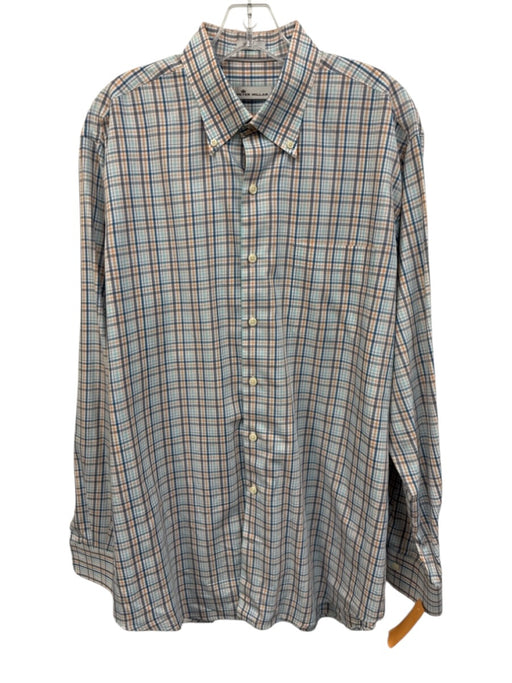 Peter Millar Size L Orange & Blue Cotton Plaid Button Up Men's Long Sleeve Shirt Orange & Blue / L