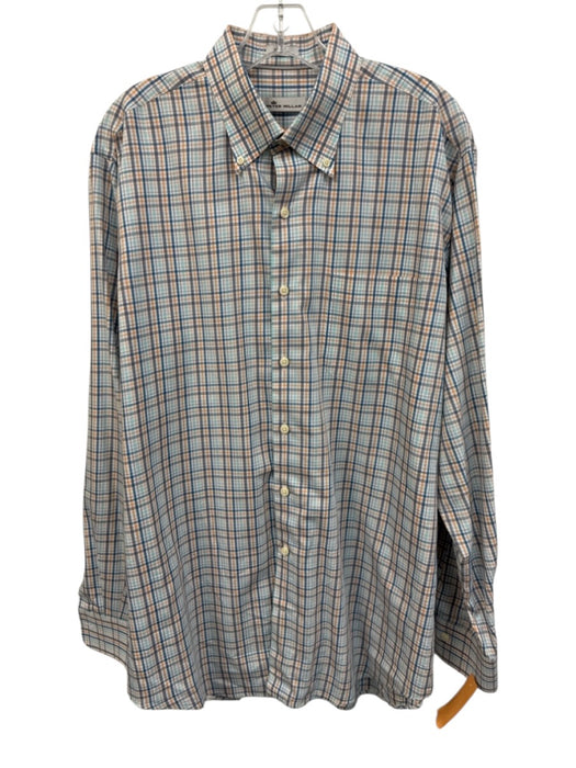 Peter Millar Size L Orange & Blue Cotton Plaid Button Up Men's Long Sleeve Shirt Orange & Blue / L