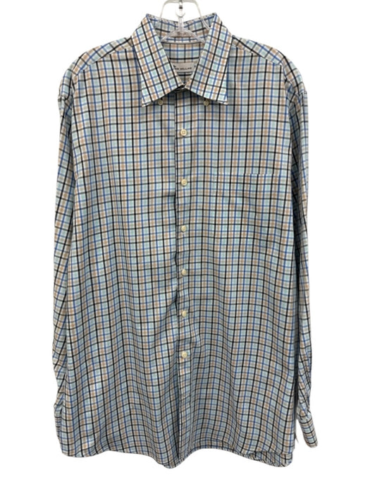Peter Millar Size L Beige & Green Cotton Plaid Button Up Men's Long Sleeve Shirt Beige & Green / L