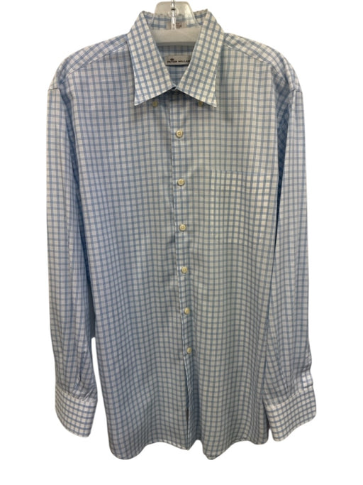 Peter Millar Size L White & Blue Cotton Plaid Button Up Men's Long Sleeve Shirt White & Blue / L