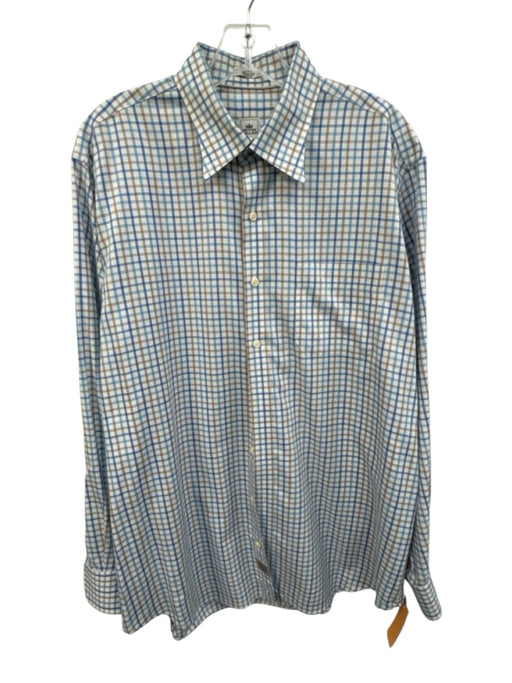 Peter Millar Size L White, Blue, & Brown Print Cotton Plaid Long Sleeve Shirt White, Blue, & Brown Print / L