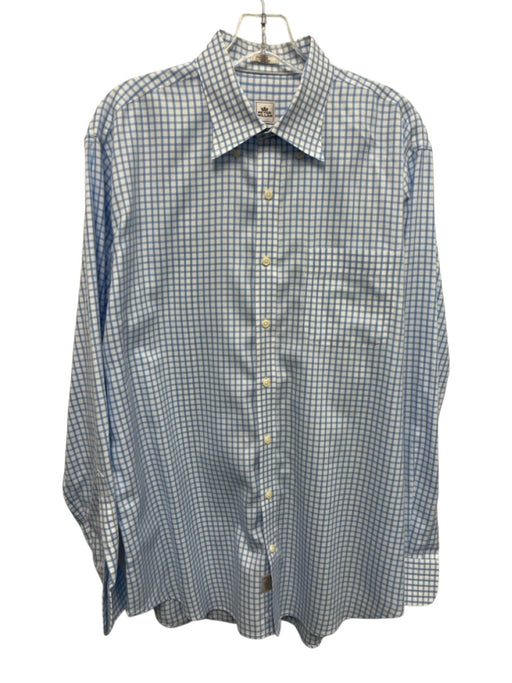 Peter Millar Size L White & Blue Cotton Grid Button Up Men's Long Sleeve Shirt White & Blue / L