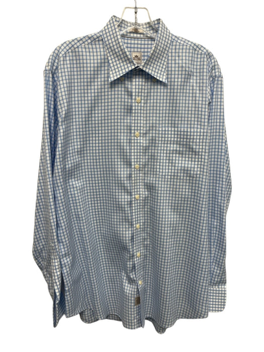 Peter Millar Size L White & Blue Cotton Grid Button Up Men's Long Sleeve Shirt White & Blue / L