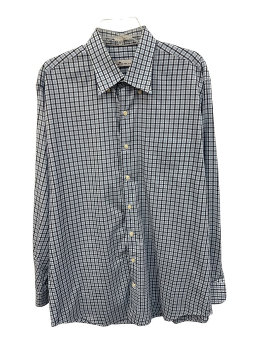 Peter Millar Size L Blue & Navy Cotton Plaid Button Up Men's Long Sleeve Shirt Blue & Navy / L