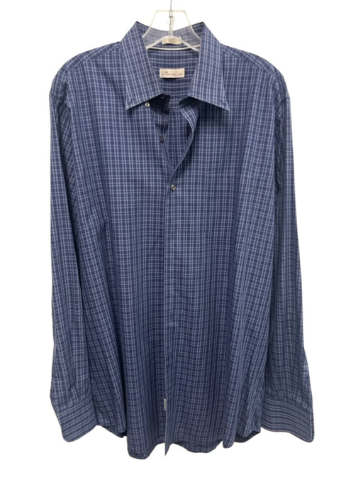 Peter Millar Size L Navy Cotton Plaid Button Up Button Down Long Sleeve Shirt Navy / L