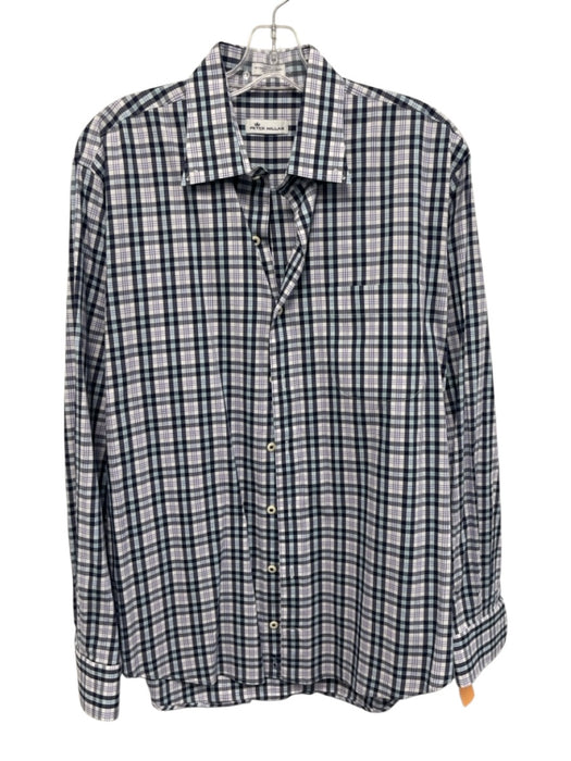 Peter Millar Size L White & Blue Cotton Blend Plaid Button up Long Sleeve Shirt White & Blue / L
