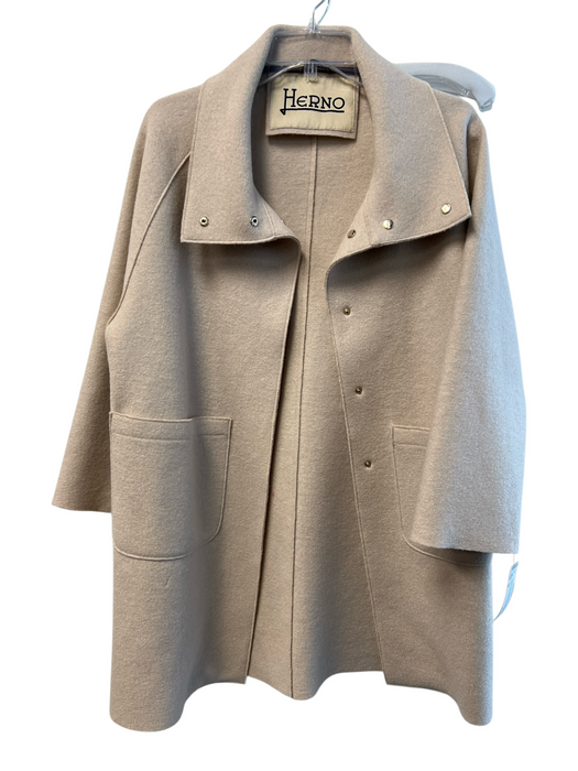 Herno Size 38 Beige 100% Virgin Wool Snaps Patch Pockets Knee Length Jacket Beige / 38