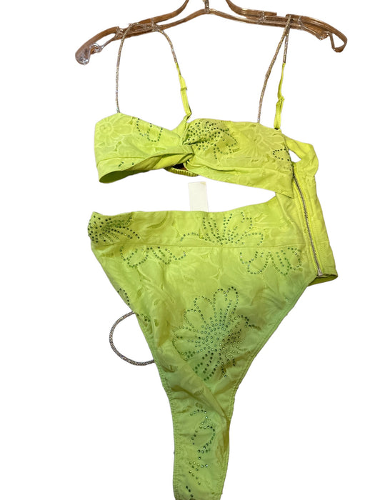 For Love & Lemons Size S Lime Green Polyester Rhinestone Side Cut Outs Bodysuit Lime Green / S