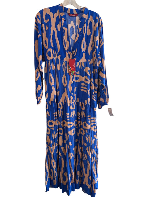 Trendyum Size M Blue & Beige Cotton Long Sleeve Abstract Print V Neck Dress Blue & Beige / M
