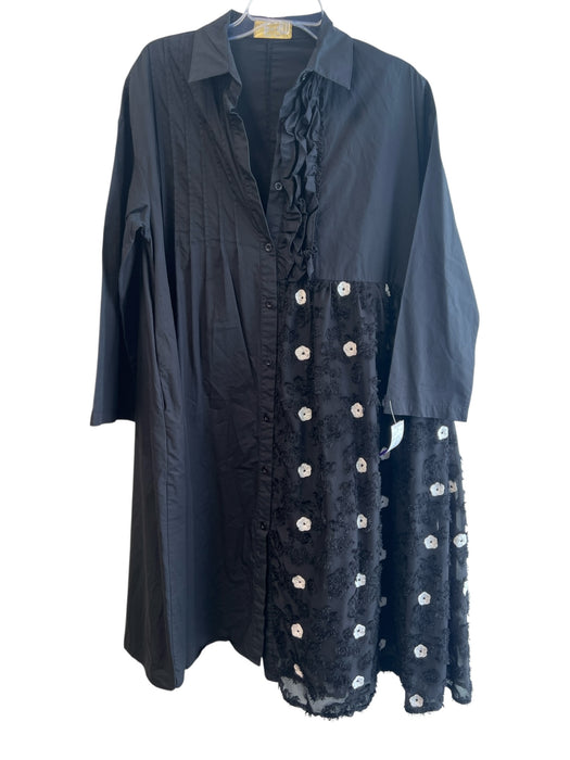F&2 Size Est L Black Cotton & Polyester Long Sleeve Pleated Detail Collar Dress Black / Est L