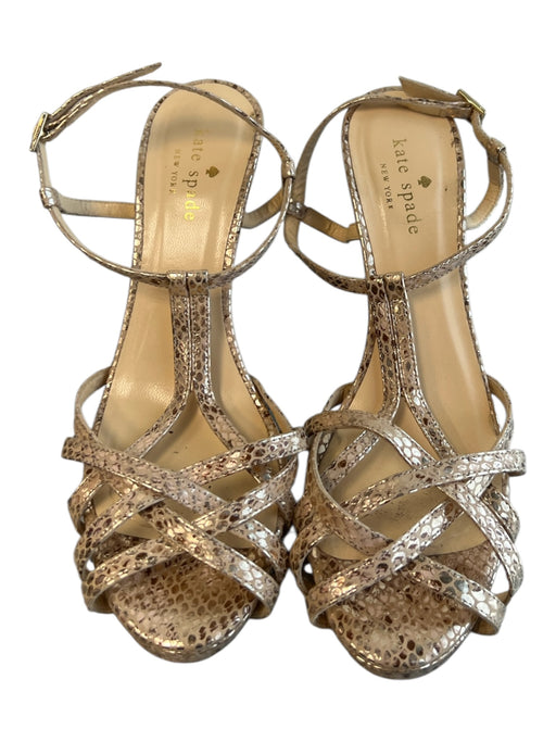Kate Spade Shoe Size 7.5 Gold Leather Snake Embossed T Strap High Heel Shoes Gold / 7.5