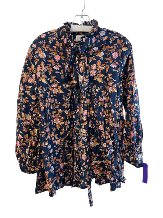 Millie Size Large Navy & Multi Cotton Floral Long Sleeve Button Down Top Navy & Multi / Large