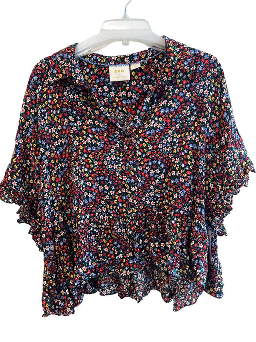 Maeve Size Large Black & Multi Viscose Blend Half Sleeve Floral Half Button Top Black & Multi / Large