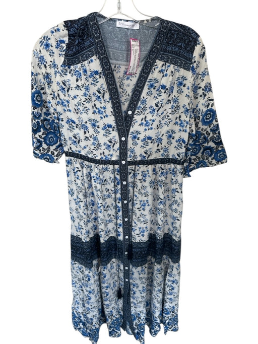 R. Vivimos Size S Navy & white Rayon 3/4 Balloon Sleeve Botanical Dress Navy & white / S