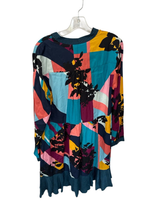 Maeve Size M Teal & Multi Viscose Abstract Long Sleeve V Neck Knee length Dress Teal & Multi / M