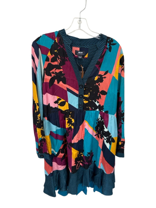 Maeve Size M Teal & Multi Viscose Abstract Long Sleeve V Neck Knee length Dress Teal & Multi / M