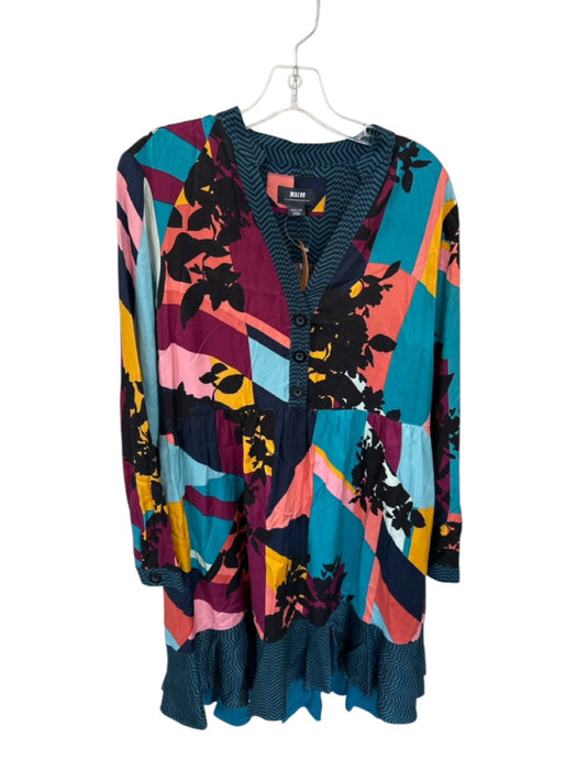 Maeve Size M Teal & Multi Viscose Abstract Long Sleeve V Neck Knee length Dress Teal & Multi / M