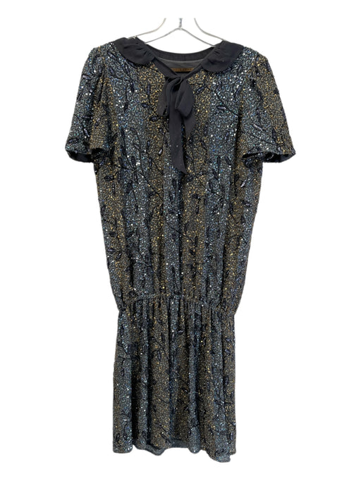 Jenni Kayne Size 6 Grey & Black Silk Tie Neck Peter Pan Collar Beaded Dress Grey & Black / 6