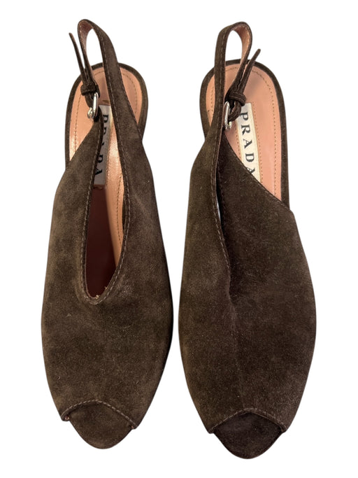 Prada Shoe Size 37.5 Espresso Leather Suede Peep Toe Slingback Platform Shoes Espresso / 37.5