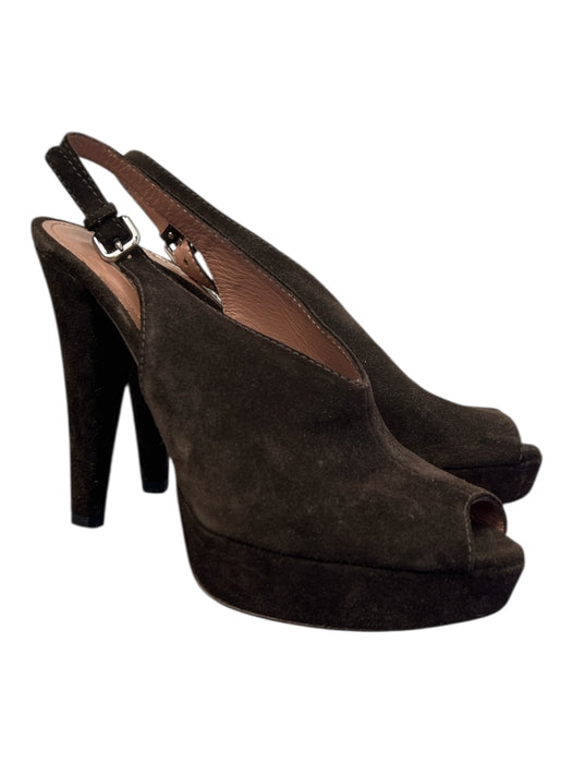 Prada Shoe Size 37.5 Espresso Leather Suede Peep Toe Slingback Platform Shoes Espresso / 37.5