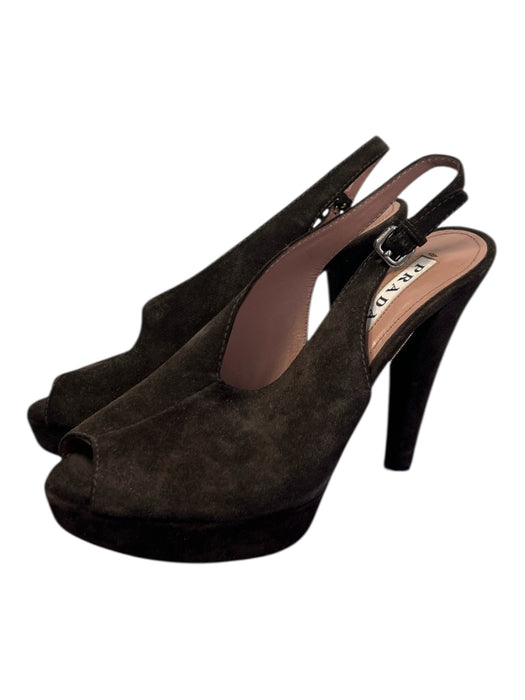 Prada Shoe Size 37.5 Espresso Leather Suede Peep Toe Slingback Platform Shoes Espresso / 37.5