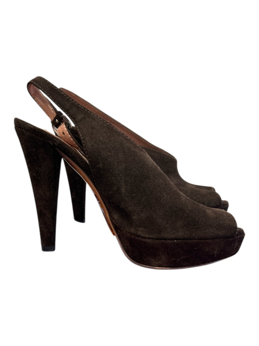 Prada Shoe Size 37.5 Espresso Leather Suede Peep Toe Slingback Platform Shoes Espresso / 37.5