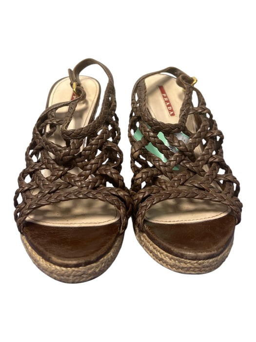 Prada Shoe Size 38 Brown Leather Strappy Sandal Wedge Gold Hardware Shoes Brown / 38