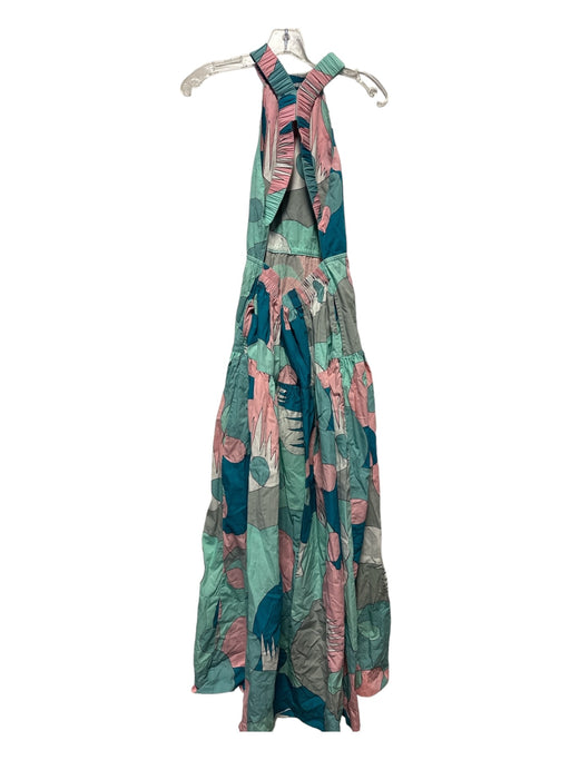 S/W/F Size S Aqua & Pink Print Cotton Sleeveless Abstract Maxi Open Back Dress Aqua & Pink Print / S