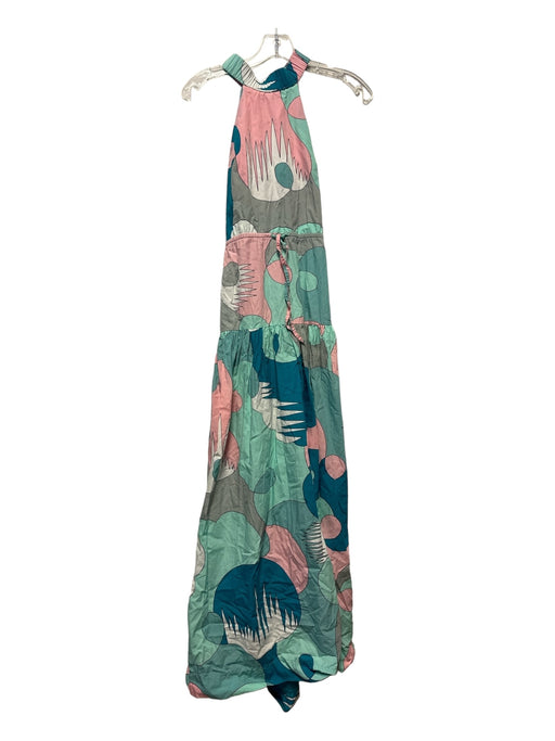 S/W/F Size S Aqua & Pink Print Cotton Sleeveless Abstract Maxi Open Back Dress Aqua & Pink Print / S